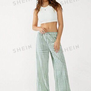 Green Plaid Woven Women's Wide Leg Pants